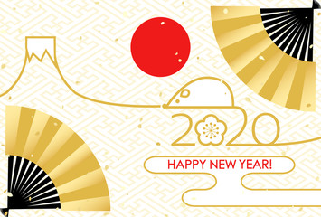 2020年賀状　扇　ねずみ　富士山　初日の出