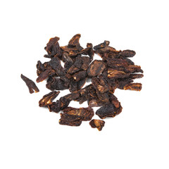 Pile of sun-dried tomatoes on white background, top view. Object Delicious Dried tomatoes nature food ingredients isolated