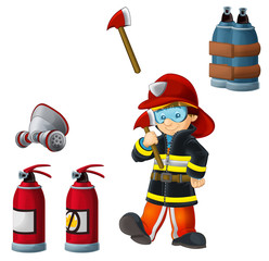 Cartoon happy and funny fireman working on white background with tools - illustration for children