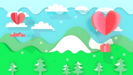 3d rendering, 3d illustrator, Sending gifts by heart. Mountain and nature views