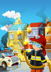 cartoon scene with fireman working near some ambulance and building is burning illustration for children