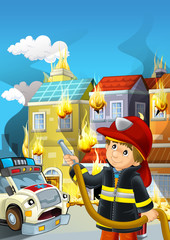 Naklejka premium cartoon scene with fireman working near some ambulance and building is burning illustration for children