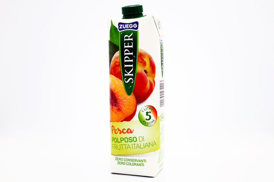 Italy – December 19, 2019: SKIPPER ZUEGG Peach Juice. Tetra Pak packaging