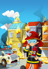 cartoon scene with fireman working near some ambulance and building is burning illustration for children