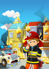 cartoon scene with fireman working near some ambulance and building is burning illustration for children