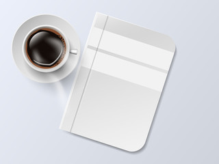 A Cup of Coffee and saucer with notebook, top view, realistic isolated on white background. Vector illustration.