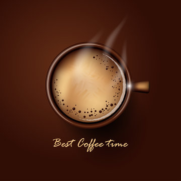 Hot cup of coffee Top view, on brown background, vector illustration