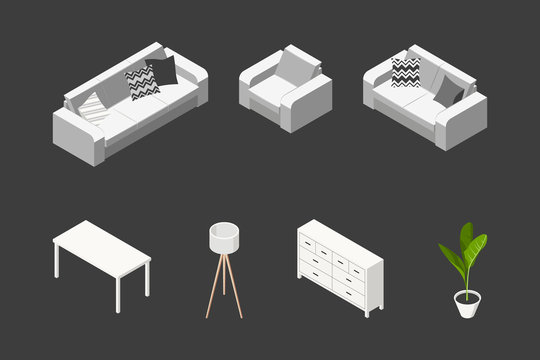 Isometric livingroom, set of icons in flat style