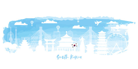 South Korea Travel postcard, poster, tour advertising of world famous landmarks in paper cut style. Vectors illustrations