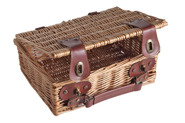 wooden picnic wicker basket isolated on white background