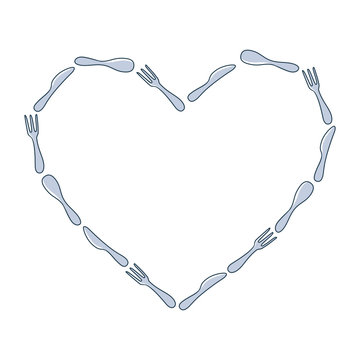 Frame of spoon, fork and knife heart in doodle style vector stock illustration. Image representing a frame of heart with spoon, knife and fork isolated on white