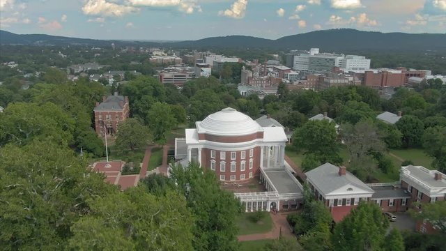 Aerial flying over the  University of Virginia. It was founded by Thomas Jefferson in 1819. Charlottesville, Virginia, USA. 18 August 2019