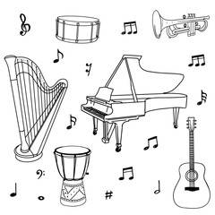 Hand drawn of music doodles, instruments, notes, signs and symbols isolated on white background