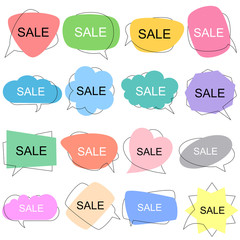 Set of flat colorful bubble speech vector. Banners, price tags, stickers, posters, badges. Isolated on white background.	
