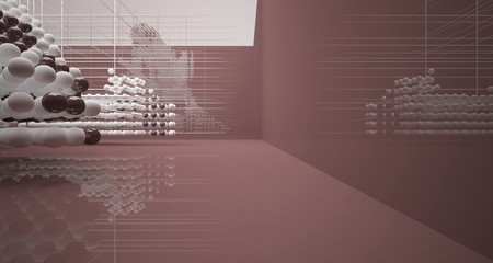 Abstract brown  interior from array white spheres with window. 3D illustration and rendering.