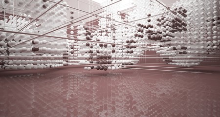 Abstract brown  interior from array white spheres with window. 3D illustration and rendering.