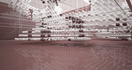 Abstract brown  interior from array white spheres with window. 3D illustration and rendering.