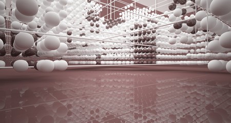 Abstract brown  interior from array white spheres with window. 3D illustration and rendering.