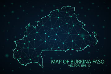 Map of Burkina Faso from Polygonal wire frame low poly mesh, contours network line, luminous space stars, design sphere, dot and structure. Vector Illustration EPS10.
