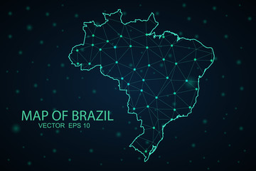 Map of Brazil from Polygonal wire frame low poly mesh, contours network line, luminous space stars, design sphere, dot and structure. Vector Illustration EPS10.