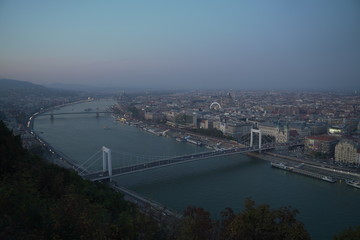 Fototapeta na wymiar Budapest, Hungary. Aerial view of Budapest, Hungary. Buda castle, Chain bridge and Parliament buildings