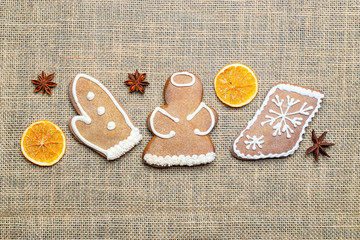 Gingerbread cookies, Christmas homemade gingerbread with empty copy space. Celebration cooking Winter concept. New year and Xmas postcard or invitation