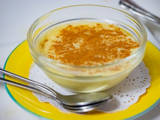 Close up shot of a bowl of pudding