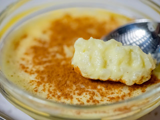 Close up shot of a bowl of pudding