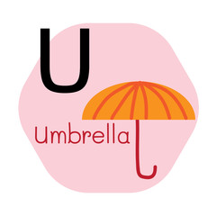 U for Umbrella alphabet, Cute Simple flat cartoon style vector