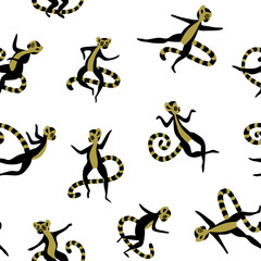 Obraz premium Seamless pattern with cute cartoon lemurs. Black and gold objects isolated on white background. Vector illustration.