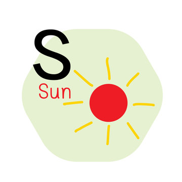 S for Sun alphabet, Cute Simple flat cartoon style vector