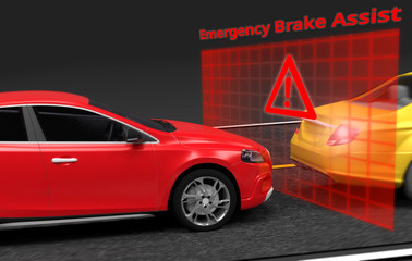 Emergency Braking Assist (EBA) sysyem to avoid car crash concept, 3D rendering image.
