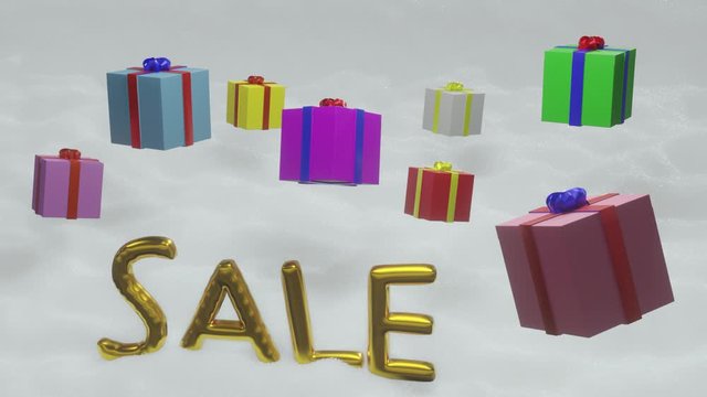 Sale gold letters in snow with floating gifts GRAPHICS