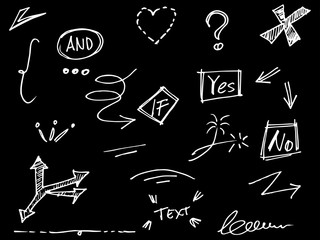 Vector hand drawn collection of design element. curly swishes, swoops, swirl, arrow, heart, love, crown, leaf, star, sun burst, firework, highlight text and emphasis element. use for concept design