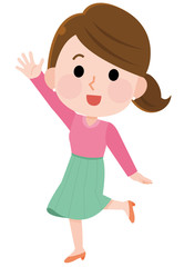 手を振る女性　全身　イラスト