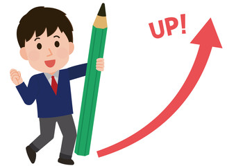 成績が上昇する男子学生　矢印　イラスト
