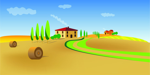 Vector mediterranean landscape. Beautiful cypress trees grow near lonely houses