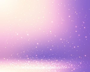 3d magic sparkles on lilac defocus background. Blur golden light on room. Empty wall and floor abstract texture. Wonderful holiday decor. Glitter pattern.