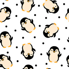 Seamless pattern with funny black penguins on a white background
