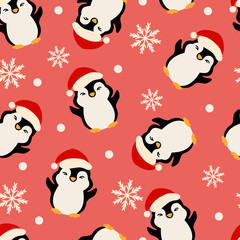 Seamless christmas new year pattern with funny penguins and snowflakes on red background
