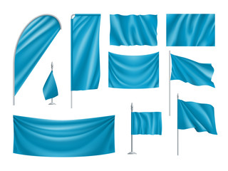 Blue rectangular flags set isolated on white background. Realistic wavy flag on pole, expo banner, drop and desk flag mockups. Product branding, company corporate identity vector illustration.