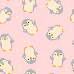 Seamless pattern with funny gray penguins on a pink background