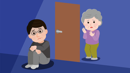 部屋　引きこもる　中年男性　心配する母親　イラスト