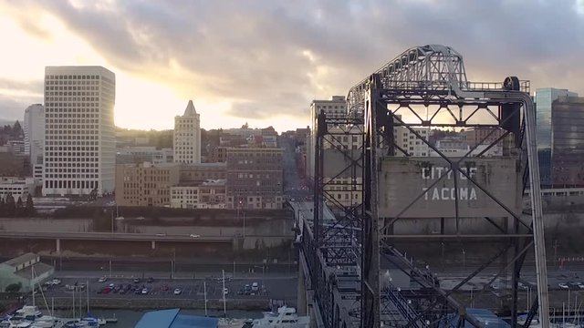 The 11th St Bridge Thea Foss waterway downtown in Tacoma, Washington - wide shot