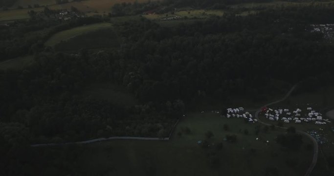 Aerial Drone view of Italian countryside during sunrise in hillside