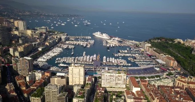 Aerial Drone view of Monaco Port Hercules out towards the ocean