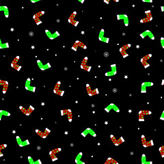 Christmas green and red sock with snowflake star seamless patterns on black background