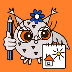 Owl girl artist with a flower on her head stands and holds a pencil in one hand and a sketchbook in the other, color simple clip-art on an orange isolated background