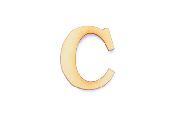 Alphabet letter wooden font with shadow isolated over white background. English flat wood character C.