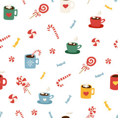 Simple winter pattern with candy cane and cocoa mugs
